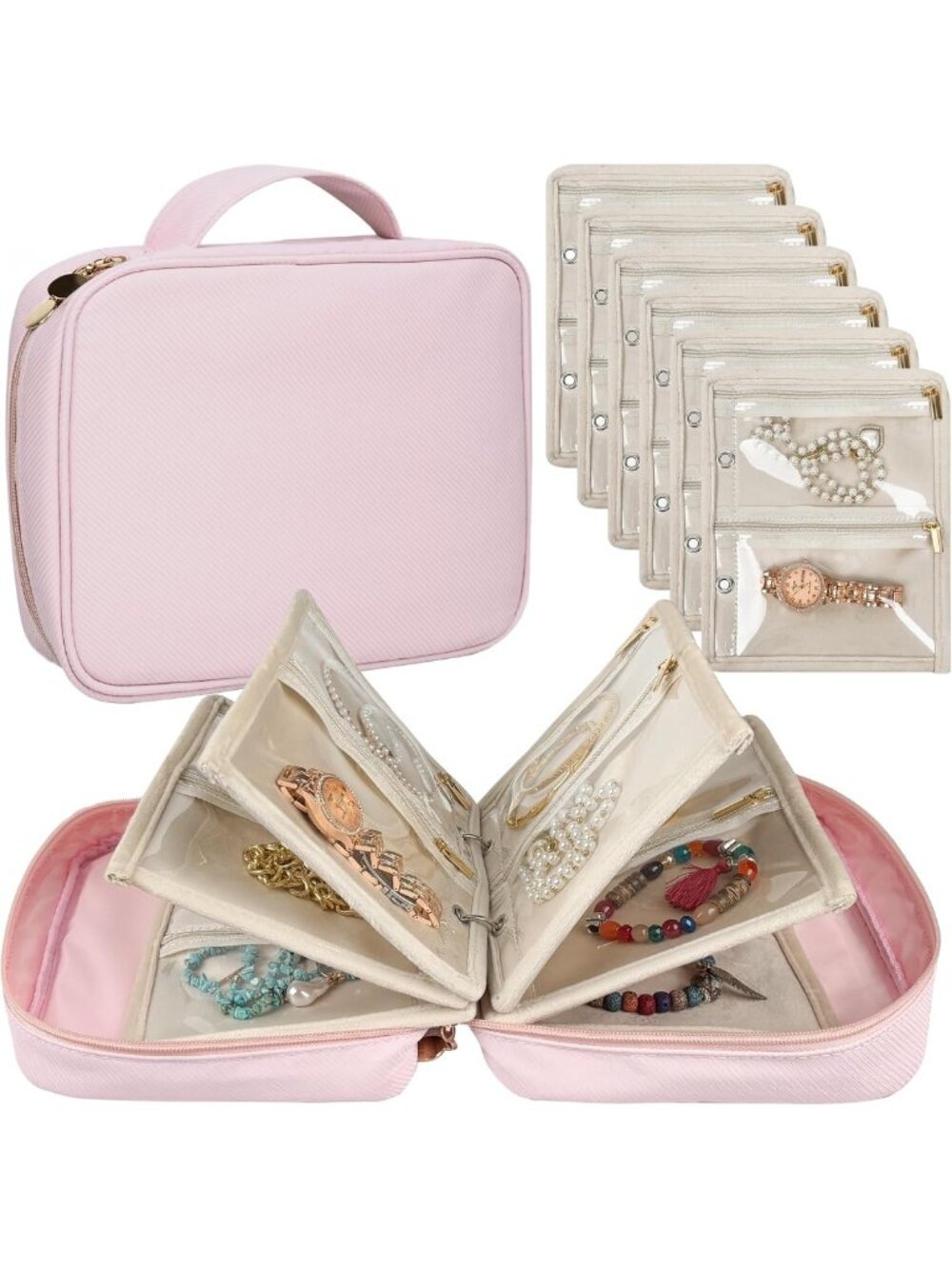 Compact Travel Jewelry Organizer Case with 24 Velvet Pouches - Perfect for